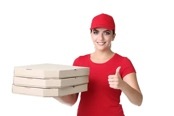Mulher Entrega Com Pizza Caixas Papelão Sobre Fundo Branco — Fotografia de Stock