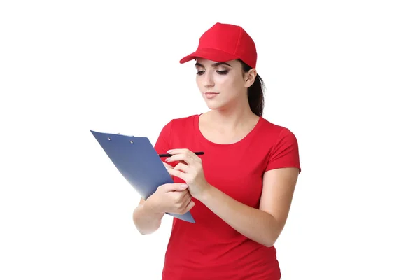 Delivery Woman Clipboard White Background — Stock Photo, Image