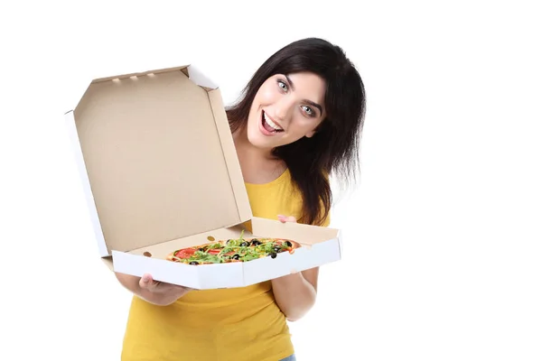 Junge Frau Mit Pizza Karton Auf Weißem Hintergrund — Stockfoto