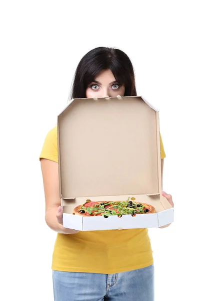 Junge Frau Mit Pizza Karton Auf Weißem Hintergrund — Stockfoto