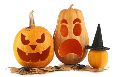 Halloween pumpkins ile kuru yapraklar ve örümcekler üzerine beyaz izole