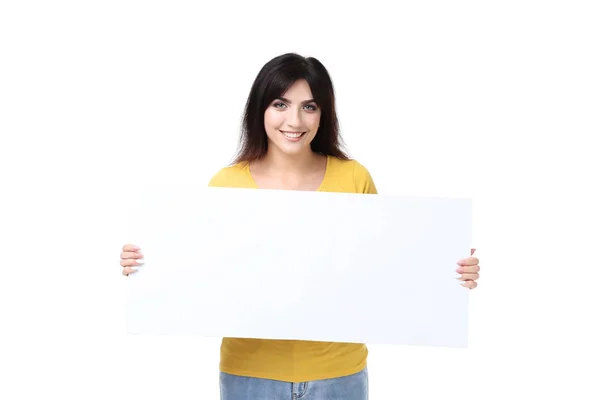 Mujer Joven Sosteniendo Tablero Blanco Sobre Fondo Blanco —  Fotos de Stock