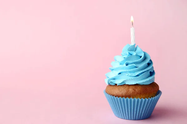 Tasty Cupcake Candle Pink Background — Stock Photo, Image