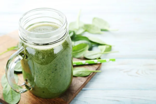 Spinach Smoothie Glass Jar Wooden Table — Stock Photo, Image