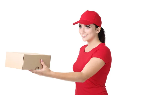 Delivery Woman Cardboard Box White Background — Stock Photo, Image