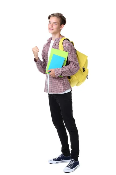 Kleiner Junge Mit Gelbem Rucksack Und Büchern Auf Weißem Hintergrund — Stockfoto