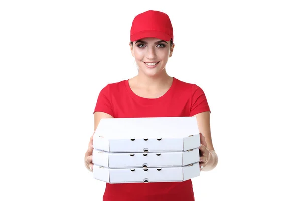 Mulher Entrega Com Pizza Caixas Papelão Sobre Fundo Branco — Fotografia de Stock
