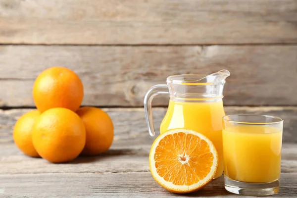 Orange Fruit Jug Glass Juice Grey Wooden Table — Stock Photo, Image