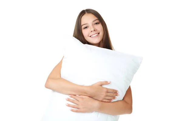 Junges Mädchen Hält Kissen Auf Weißem Hintergrund — Stockfoto