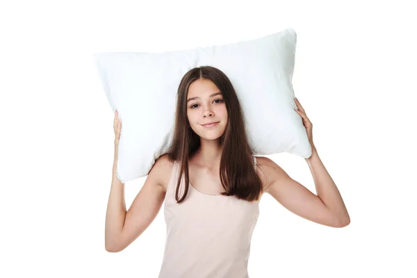 Junges Mädchen Hält Kissen Auf Weißem Hintergrund — Stockfoto