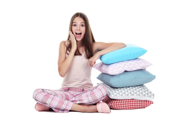 Chica Joven Con Almohadas Colores Sentado Sobre Fondo Blanco — Foto de Stock