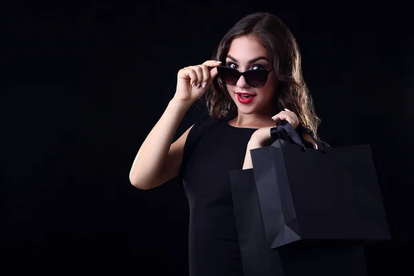 Happy Woman Shopping Bags Black Background — Stock Photo, Image
