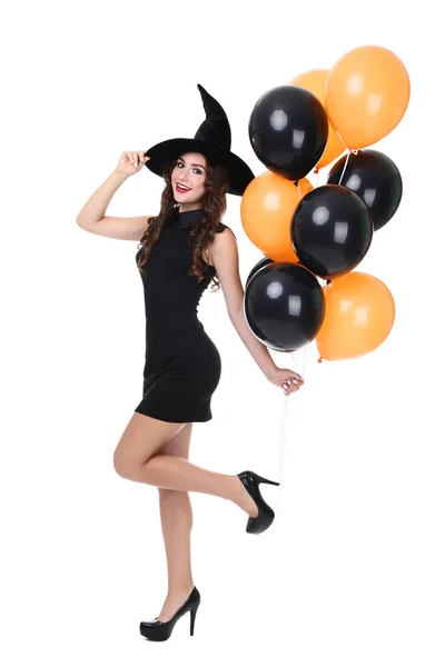 Jovem Mulher Traje Halloween Com Balões Isolados Fundo Branco — Fotografia de Stock