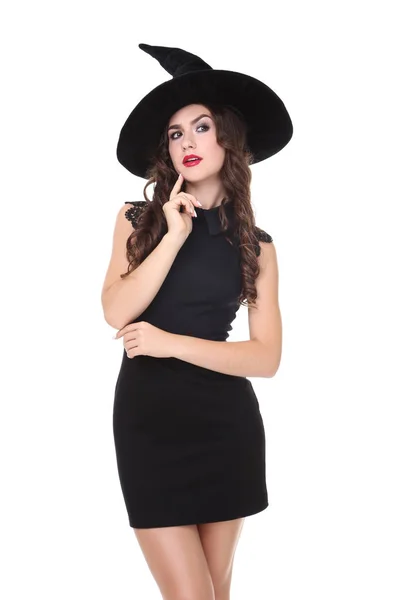 Mujer Joven Traje Halloween Sombrero Aislado Sobre Fondo Blanco —  Fotos de Stock