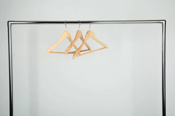 Wooden Clothes Hangers Rack White Background — Stock Photo, Image