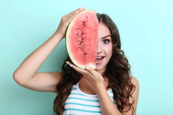 Beautiful Woman Watermelon Mint Background — Stock Photo, Image