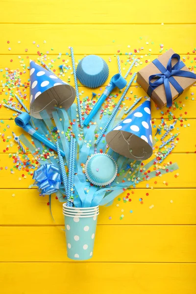 Birthday Party Caps Blowers Candles Wooden Table — Stock Photo, Image