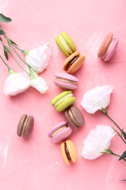 Eustoma çiçekli pembe bir arka plan üzerinde renkli macarons