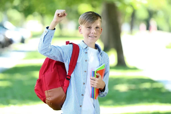 Νεαρό Αγόρι Σακίδιο Και Σημειωματάρια Στο Πάρκο — Φωτογραφία Αρχείου