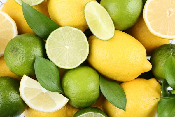 Verse Hele Gesneden Citroenen Limoenen Hoop Met Groene Bladeren — Stockfoto