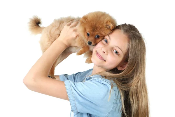 Giovane Ragazza Con Cane Pomerania Sfondo Bianco — Foto Stock