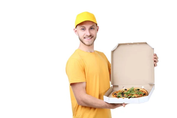 Entrega Homem Com Pizza Caixa Papelão Sobre Fundo Branco — Fotografia de Stock