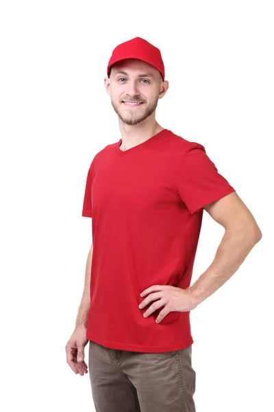 Livraison Homme Uniforme Rouge Sur Fond Blanc — Photo