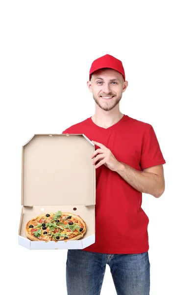 Livreur Avec Pizza Dans Une Boîte Carton Sur Fond Blanc — Photo