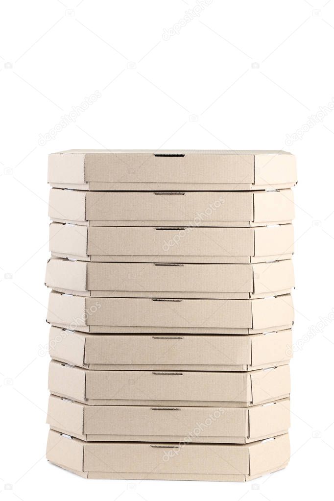 Stack of pizza boxes isolated on white background