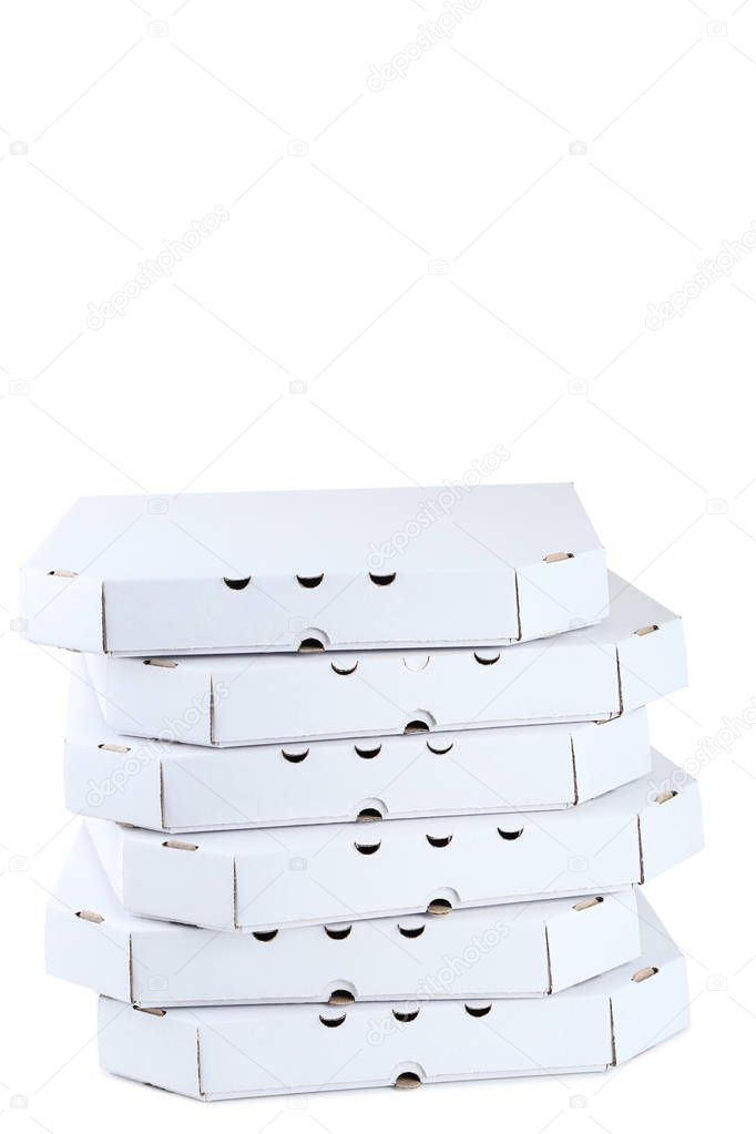 Stack of pizza boxes isolated on white background