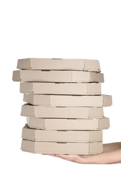 Mãos Humanas Segurando Caixas Pizza Fundo Branco — Fotografia de Stock