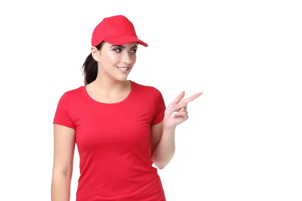 Livraison Femme Uniforme Rouge Sur Fond Blanc — Photo