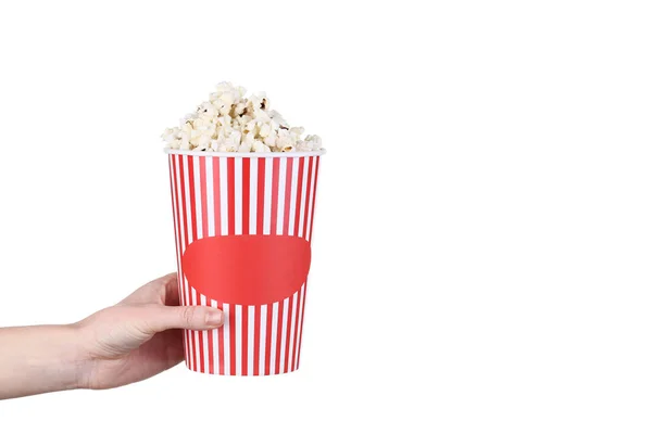 Human Hand Holding Striped Bucket Popcorn White Background — Stock Photo, Image
