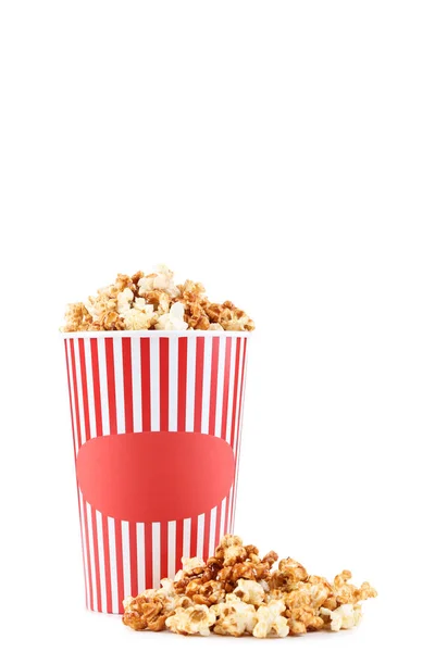 Caramel Popcorn Striped Bucket White Background — Stock Photo, Image