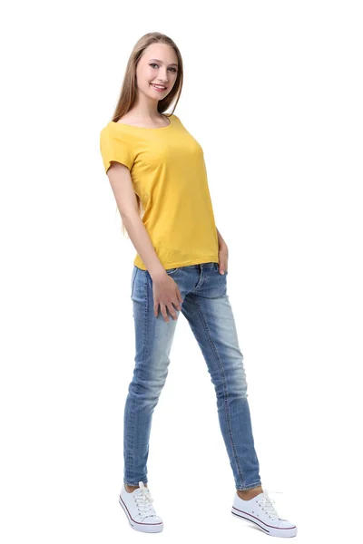 Retrato Mujer Joven Camiseta Amarilla Sobre Fondo Blanco — Foto de Stock