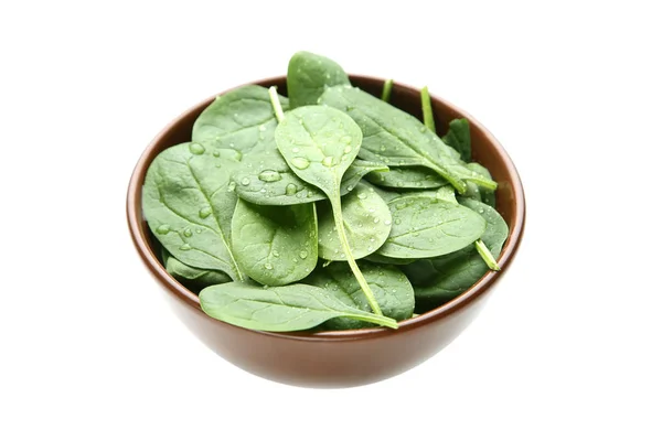 Spinach Leaves Drops Water Bowl Isolated White Background — Stock Photo, Image