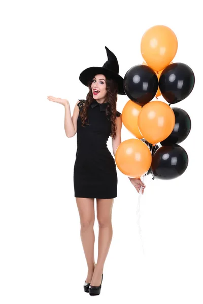 Mujer Joven Traje Halloween Con Globos Aislados Sobre Fondo Blanco —  Fotos de Stock