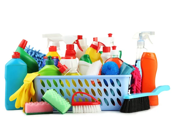 Bottles Detergent Cleaning Tools White Background — Stock Photo, Image