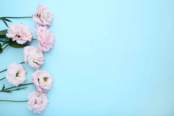 Strauß Rosa Eustoma Blumen Auf Blauem Hintergrund — Stockfoto