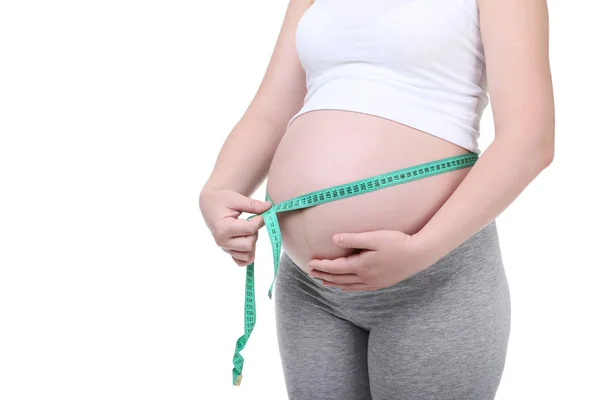 Беременная Женщина Измерительной Лентой Белом Фоне — стоковое фото