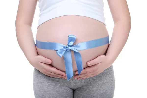 Mujer Embarazada Con Cinta Azul Sobre Fondo Blanco —  Fotos de Stock