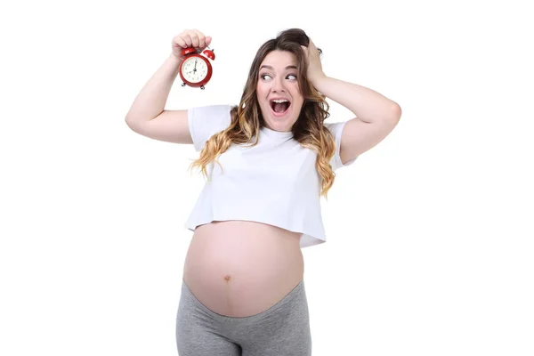 Mooie Zwangere Vrouw Met Wekker Witte Achtergrond — Stockfoto