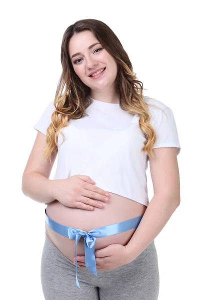 Piękna Kobieta Ciąży Niebieskiej Wstążki Białe Tło — Zdjęcie stockowe