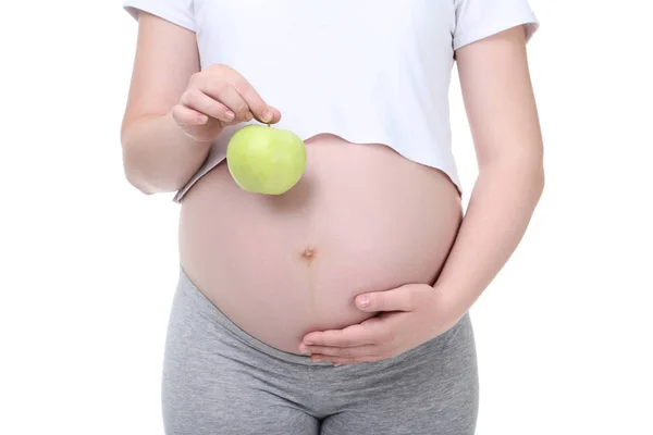 Mujer Embarazada Con Manzana Verde Sobre Fondo Blanco —  Fotos de Stock