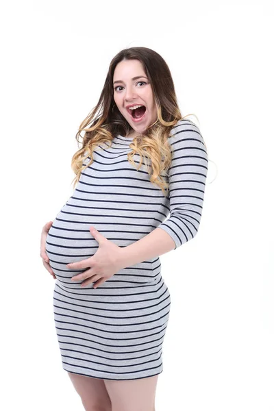 Schöne Schwangere Frau Gestreiftem Kleid Auf Weißem Hintergrund — Stockfoto