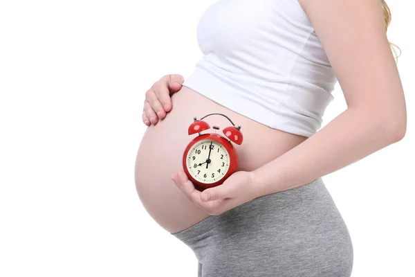 Pregnant Woman Holding Alarm Clock White Background Stock Picture