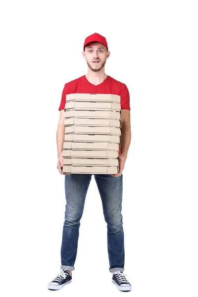 Leverans Mannen Med Pizza Vit Bakgrund — Stockfoto