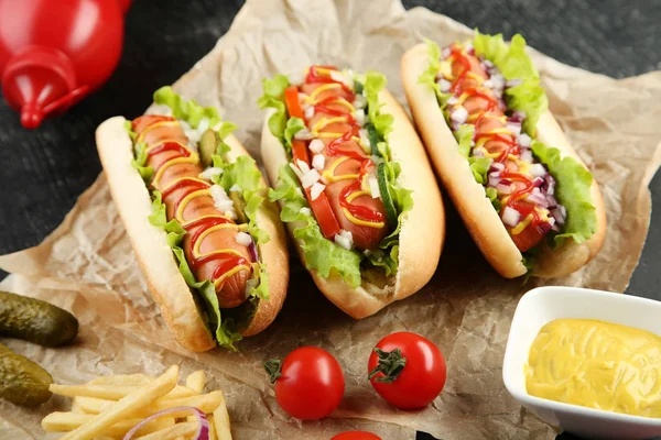Zöldséges Sült Krumpli Fából Készült Asztal Hot Dog — Stock Fotó