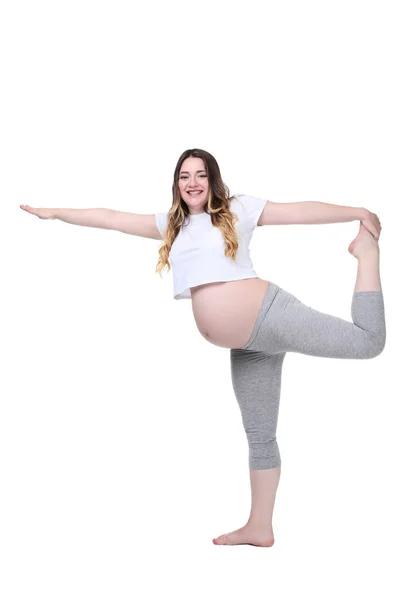 Молодая Беременная Женщина Делает Упражнения Белом Фоне — стоковое фото