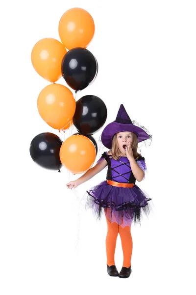 Junges Mädchen Halloween Kostüm Mit Luftballons Auf Weißem Hintergrund — Stockfoto